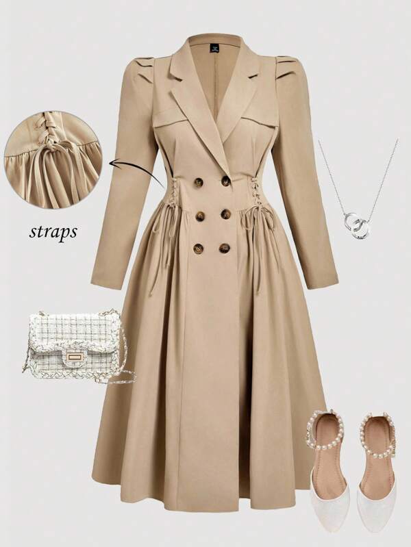 SHEIN MOD معطف خندقي للنساء بارتفاع الخصر ذو كم منتفخ طول الركبة في المقاسات الكبيرة لون كاكي حلول الخريف الجديدة