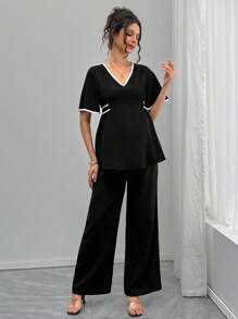 Momance Elegant Solid Color Fitted Shirt And Straight Leg Pants 2 Pieces Maternity Set - Black - View 5