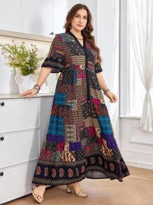 SHEIN Lacomfia Đầm dài thường ngày cổ chữ V in nhiều họa tiết cỡ lớn cho nữ - Nhiều màu - Xem 3