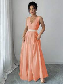 Lyxana 无袖 V 领收腰 A 字型优雅浪漫女士派对连衣裙长款女装 - 珊瑚粉 - 查看 6