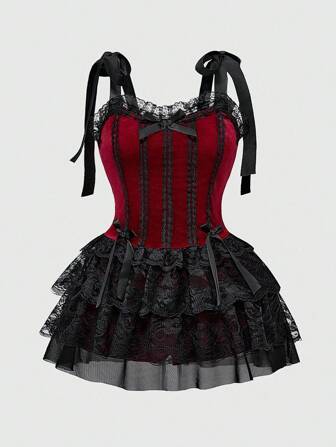 Goth Plus Size Women Gothic Vintage Palace Style Contrast Lace Trim Cross Pendant Strap Camisole Long Dress
