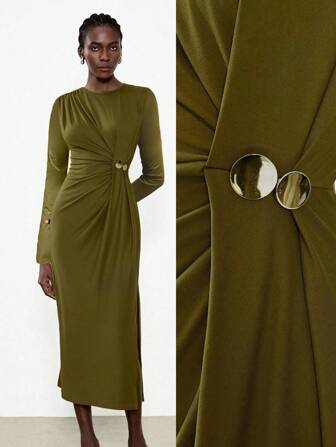 Lumivelle Damklänning Modern Rund Halsringning Ryggad Knappdekoration Midja Åtsittande Bodycon Sidoslits Långärmad Kläder För Universitet Höstkläder För Damer