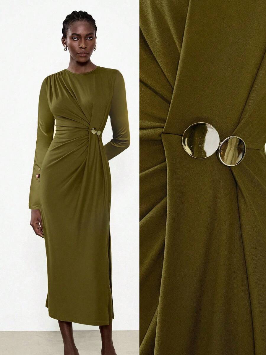 Lumivelle Gaun Wanita Modern Leher Bulat Berkerut dengan Hiasan Kancing, Potongan Pas Badan, Belahan Samping, Lengan Panjang, Cocok untuk Kuliah atau Musim Gugur - Hijau - View 1