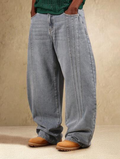 SUMWON Pantalones vaqueros anchos y extremos con detalle de pinza vertical, estilo utilitario de moda callejera casual de otoño e invierno, con aspecto retro de los años 90