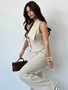 Firerie Women's Casual And Elegant Apricot Faux Linen Wide-Leg Pants Set, Perfect For Commuting And Elegant Looks. /Women's Fall Clothes/Back-To-School Outfits For Women/Teacher Outfits For Women/Teacher Clothes/Business Casual Woman/Business Negotiation/Intellectual Woman Outfits/Metal-Buttoned Babydoll Top/Babydoll Top, - Apricot - View 5