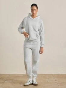 INAWLY Solva 2pcs Women's Solid Color Dropped Shoulder Long Sleeve Kangaroo Pocket Hoodie And Sweatpants Casual Loose Suit, Autumn Winter