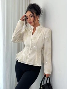 Elenzga 女式优雅刺绣亮片蕾丝花边腰部纹理面料纯色长袖衬衫，秋季