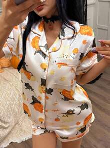 万圣节南瓜印花短袖短裤睡衣套装 - 白色 - 查看 5