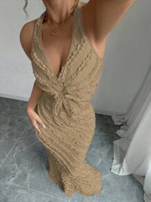 Rafferiza 2pcs/Set Women Sleeveless Deep V-Neck Front Twist Halter Backless Ruched Mermaid Dress - Khaki - View 3