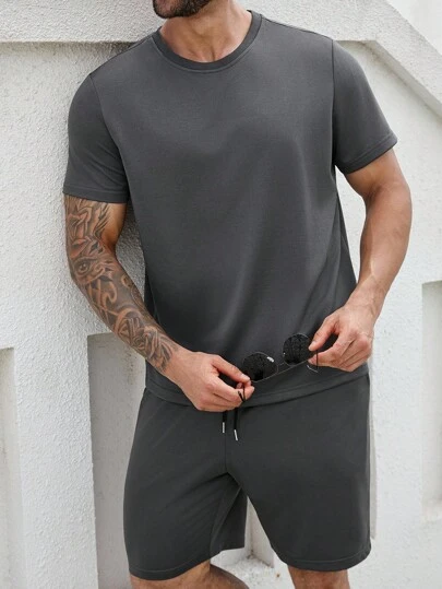 ResortEase Plus Size Men's Casual Solid Color Short Sleeve T-Shirt And Shorts Set, Summer