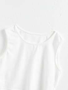 SHEIN 3 件套青少年女孩时尚运动装 - 黑色条纹复古字母印花宽松夹克衬衫、白色修身吊带背心、黄色短裤套装 - 酒紅色 - 查看 8