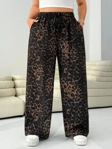 SHEIN EZwear Plus Size Women Casual Loose Drawstring Wide Leg Pants Leopard Pants Lounge Pants - Multicolor - View 4