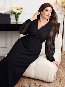 Modelyn 大码优雅纯色蕾丝拼布扭纹紧身连衣裙 - 黑色 - 查看 3