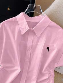 INAWLY 女式骑士与蝙蝠印花侧抽绳休闲短袖衬衫 - 粉色 - 查看 3