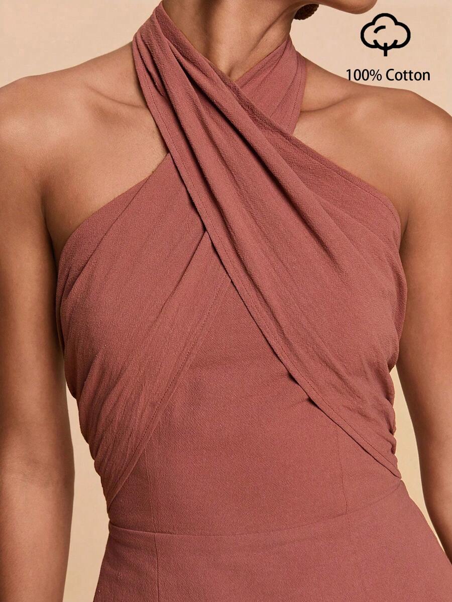 Travachic Trvlchic 纯色编织挂脖迷你连衣裙，女士度假风格，女士休闲夏季度假装，波西米亚海滩度假装，波西米亚风，节日装，女士海滩装，女士夏季装，毕业装，女士生日装，海滩必备品，女士机场装，欧洲夏季装，女士乡村装，返校装，返校节装，女士复古风，女士街头装，Y2k，夜间外出，秋季服装，冬季服装，可爱