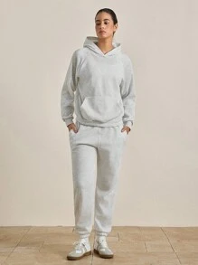 INAWLY Solva 2pcs Women's Solid Color Dropped Shoulder Long Sleeve Kangaroo Pocket Hoodie And Sweatpants Casual Loose Suit, Autumn Winter