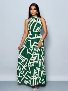 Vestido maxi con estampado integral, escote halter, fluido, con cinturón, para vacaciones (floral aleatorio) - Verde - Ver 5