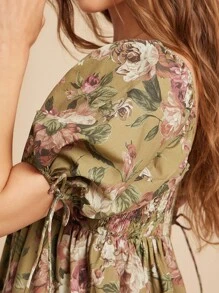 WESTFADE 花卉印花 100% 纯棉府绸甜心领蝴蝶结泡泡袖迷你娃娃裙秋季返校服装乡村音乐会服装 - 彩色 - 查看 6