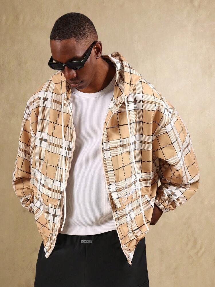 SUMWON Giacca antivento corta con motivo a quadri, leggera per l'autunno, con cerniera frontale classica, vestibilità regular, casual, moda invernale con cappuccio