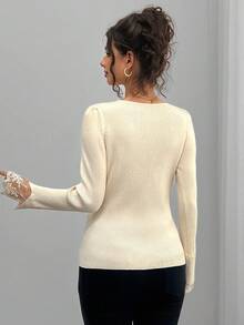 Momance V-Neck Pearl Button Lace Patchwork Knit Sweater Top, Fashionable Layering Piece For Women, Autumn/Winter - Apricot - View 2