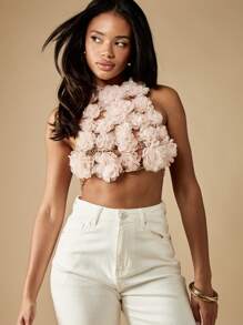 MISSGUIDED Floral Chain Halter Top Handmade Rose Applique Crop Top Festival Summer Party Wedding Guest Special Occasion Statement Piece