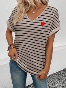 SHEIN Women's V-Neck Short Sleeve Loose Striped Heart Pattern T-Shirt, Best Seller - Multicolor - View 4