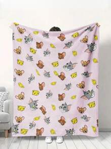 TOM & JERRY X SHEIN Cartoon Pattern Coral Fleece Blanket, Super Soft Plush Throw, Warm Fluffy Blanket For Sofa Or Bed, Perfect Gift For Fans, Machine Washable & Skin-Friendly - Baby Pink - View 1
