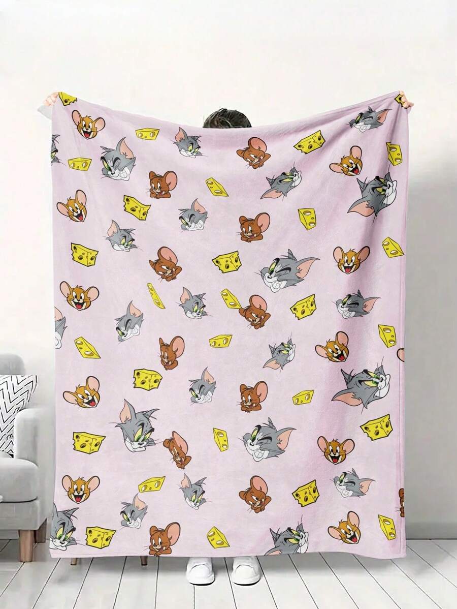 TOM & JERRY X SHEIN Cartoon Pattern Coral Fleece Blanket, Super Soft Plush Throw, Warm Fluffy Blanket For Sofa Or Bed, Perfect Gift For Fans, Machine Washable & Skin-Friendly - Baby Pink - View 1