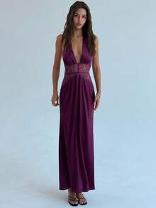 Aloruh Váy yếm hở lưng phối ren màu trơn gợi cảm dành cho nữ, mùa hè - Màu Đỏ Sâu - Xem 6