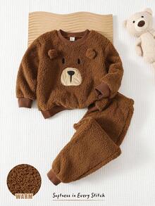 Cozy Pixies 2件套男童卡通熊图案保暖连帽长袖圆领上衣和松紧腰九分裤套装，棕色，男童两件套，男童棕色熊图案套装，幼儿棕色羊羔绒套装，男童冬季睡衣，男童棕色套装，男童棕色两件套，幼儿棕色羊羔绒套装，男童熊图案秋季套装