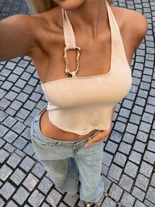 Siren Gaze Women's Apricot Summer Seksi Chic Club Night Halter Crop Top,Asymmetric Neckline Metal Buckle Accessories Hook And Loop Sleeveless Camisole,Y2k Top - Apricot - View 1