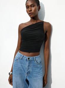 Maija New Asymmetrical Cut Asymmetric Shoulder Design Ruched Women Blouse, Spring/Summer - Black - View 4