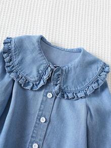 Cozy Pixies 女婴领口荷叶边长袖开衫，百搭舒适 - 藍色 - 查看 5