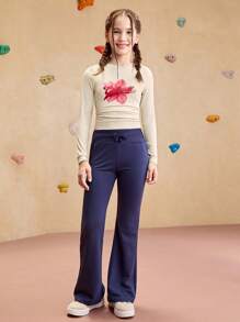 JNSQ Tee-shirt à manches longues imprimé pour fille pré-adolescente, style sport/casual pour l'automne/hiver. Top à manches longues chaud pour le layering. Tee-shirt à manches longues coloré et amusant, inspirant l'imagination des jeunes. Convient pour le port quotidien en automne/hiver, les activités extérieures, les vacances, le streetwear, les fêtes et les loisirs. - Kaki - Voir 3