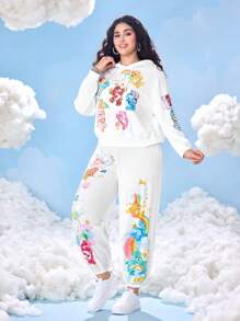 SHEIN X Care Bears 大码卡通图案连帽运动衫和运动裤休闲两件套