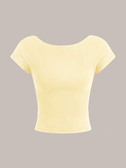 SHEIN EZwear Camiseta de mujer amarillo pálido casual básica modesta minimalista con patrón cuello redondo ajustada espalda descubierta calada, adecuada para verano uso diario