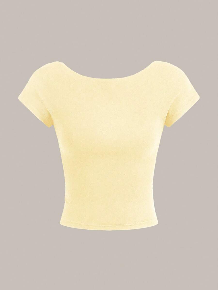 SHEIN EZwear Cream Yellow Casual Minimalist Pattern Round Neck Tight Backless Hollow Out Women T-Shirt, Suitable For Summer - Yellow - View 1