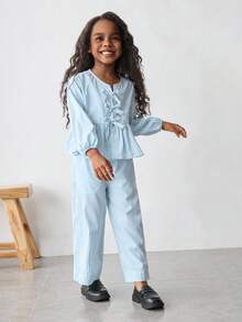 Maija Kids Maija Kids 2件套少女蝴蝶结装饰条纹短袖衬衫和短裤套装 - 藍白色 - 查看 4