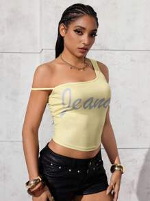 Jeanoix Summer Fashion Letter Print Asymmetric Collar Blouse