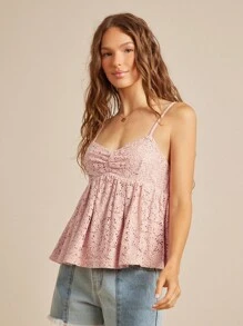 WESTFADE Áo ba lỗ Babydoll cổ chữ V ren móc xếp nếp hở lưng không tay nhún bèo cho bãi biển mùa hè ngày 4 tháng 7 - Màu Hồng baby - Xem 3