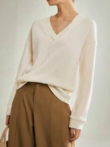 Lymera 女士白色优雅商务休闲简约百搭纯色奶油色V领长袖基础针织衫毛衣，适合秋冬季节女性外出、派对、圣诞节、感恩节、新年等场合穿着。 - 杏色 - 查看 3