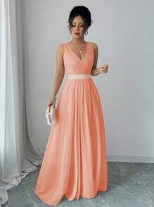 Lyxana 无袖 V 领收腰 A 字型优雅浪漫女士派对连衣裙长款女装 - 珊瑚粉 - 查看 3