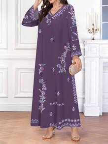 SHEIN Najma 复古优雅花卉印花休闲女式阿拉伯风格V领连衣裙 - 彩色 - 查看 4