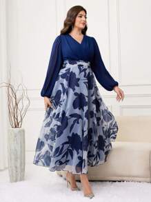 Modelyn Plus Size Elegant Floral Print Patchwork Dress - Navy Blue - View 4