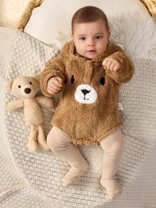 Cozy Pixies Newborn Baby Boy Cartoon Bear Ear Hooded Long Sleeve Bodysuit, Thick Thermal Lining - Brown - View 4