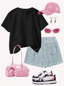 SHEIN Leap Crew Casual Street Heart & Face Graffiti Print, Tween Girls Minimalist Short Sleeve Shorts 2 Pieces Set, Suitable For Summer - Multicolor - View 2