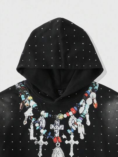 Street Life Men's Sparkling Diamond Washed Print Hoodie, Loose Cropped Style