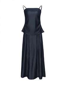 DAZY Elegant Adjustable Strap Tank Top & Ruched Mini Skirt Denim Suit For Women, Summer Vacation Outfits Women - Dark Wash - View 13