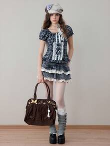 ROMWE Avant Back To School Vintage Plaid Collar Button Plaid Retro Gingham Thin Strap Lace Trim Women Blouse