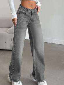 SHEIN Tall 女士休闲时尚百搭简约纽扣牛仔裤，日常穿着 - 灰色 - 查看 4